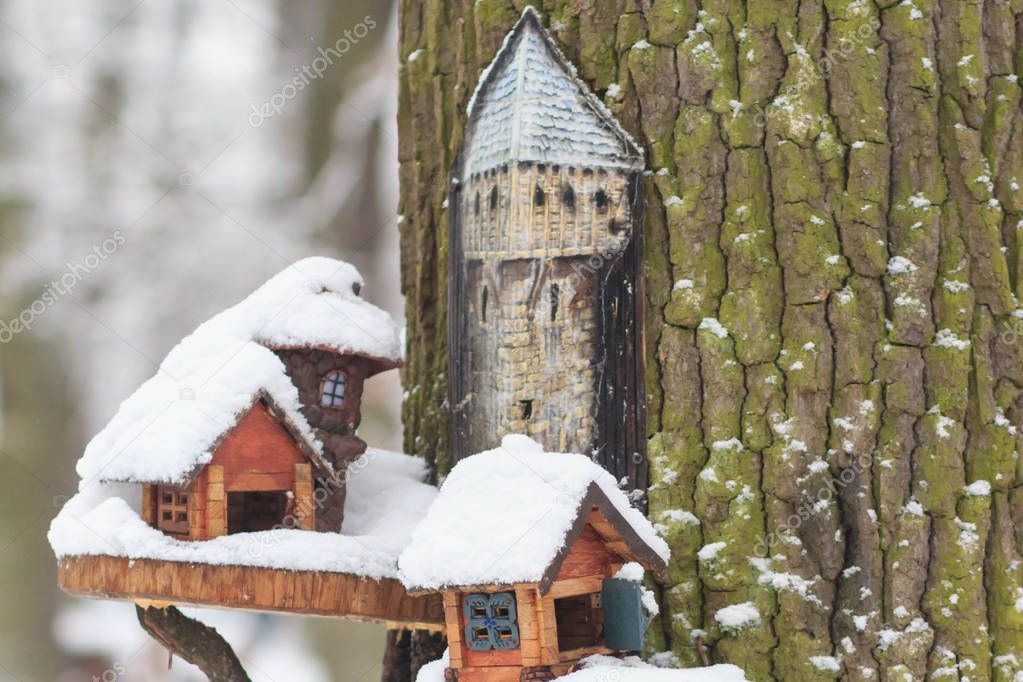 Red Barn Birdhouse Covered Snow Snow Covered Trees Blurred