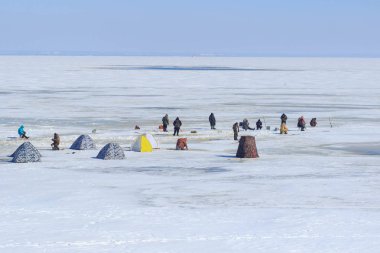 Cherkassy, Ukrayna - 6 Mart, 2018:Winter Balık tutma. Taze balık buzla balıkçılar kış arka plan üzerine açık yatan