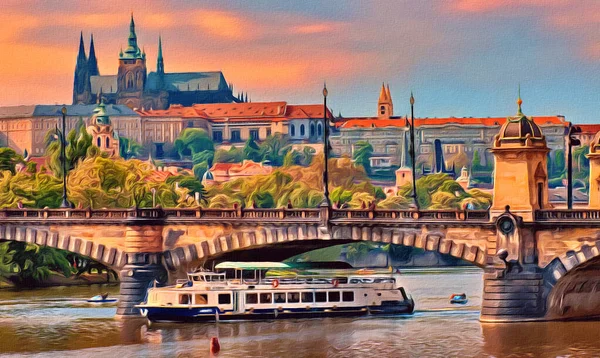 Prag şehrinin yağlı boya tablosu. Eski sanat kasabası