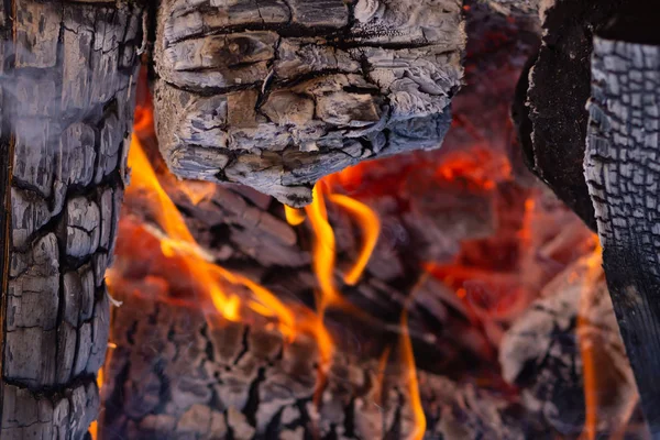 Legni di fuoco e carbone caldo in una griglia — Foto Stock