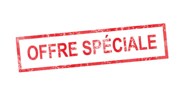 Specialerbjudande i fransk översättning i röd rektangulär stämpel — Stockfoto