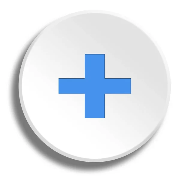 Blue plus in round white button with shadow — Stock Photo, Image