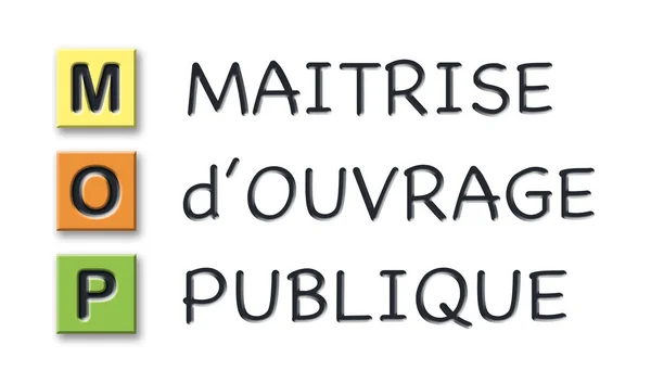 Initiales MOP en cubes 3d colorés avec signification en langue française — Photo