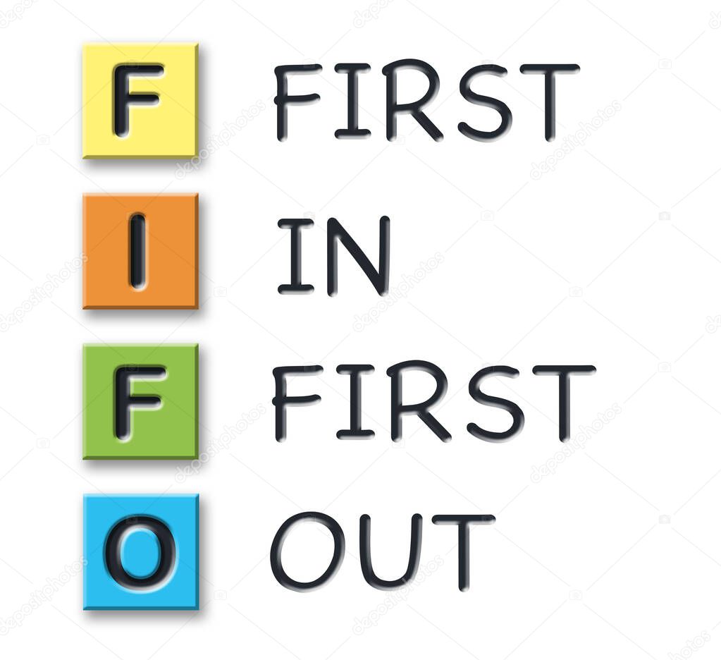 FIFO initials in colored 3d cubes with meaning
