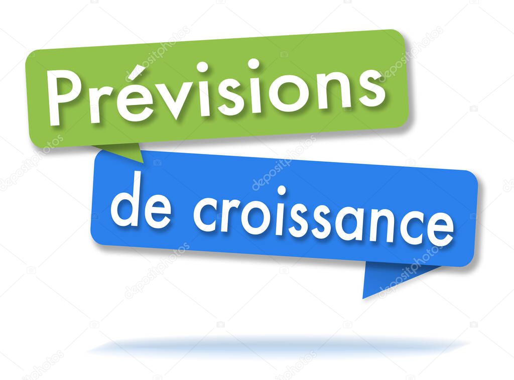 Growth forecasts in two colored green and blue speech bubbles and french language
