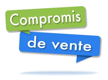 İki renkli yeşil ve mavi konuşma balonu ve Fransızca dilinde satış anlaşması