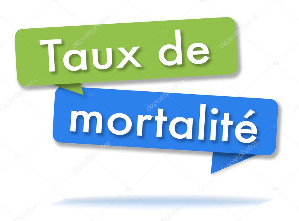 Mortality rate in two colored green and blue speech bubbles and french language