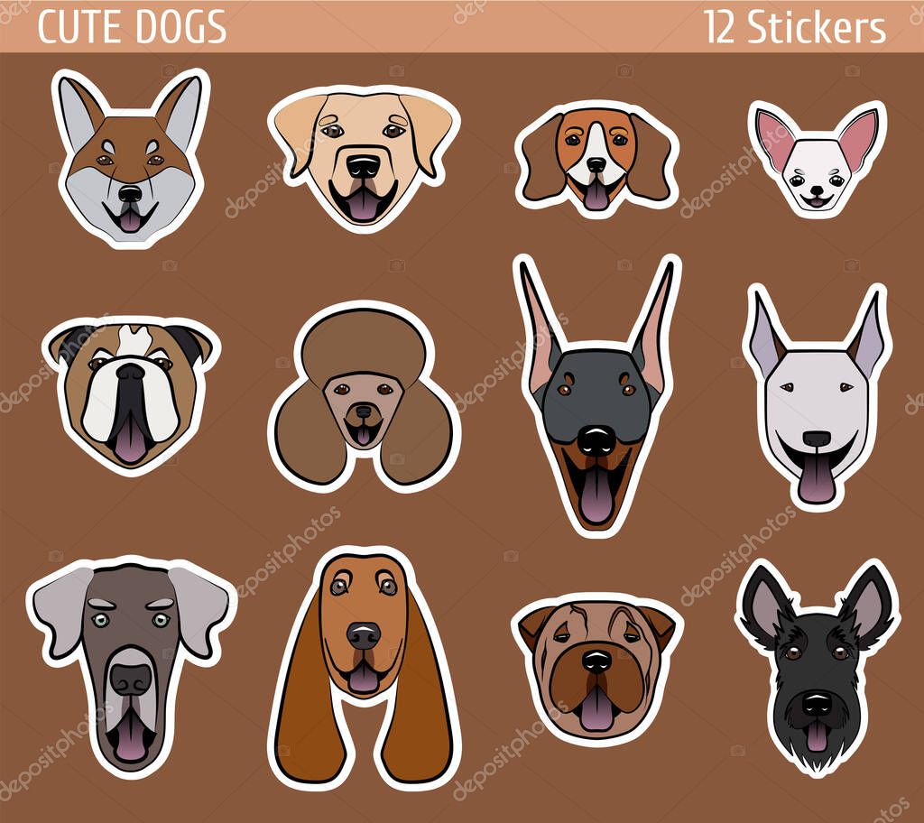 Vector set of muzzles of cute dogs with their tongues hanging out. A white outline is drawn, you can use each picture in the form of a sticker or print on any product.