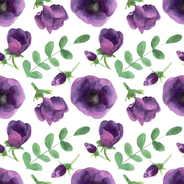 Seamless pattern with chic purple flowers. Delicate, watercolor freehand drawing. Leaves and anemones.