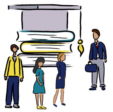 Etrafı insanlarla çevrili fırça ve kitaplarla dolu bir öğrenci şapkasının vektör çizimi. Düz bir şekilde çizilmiş. Mezuniyet ve eğitim kavramı. 