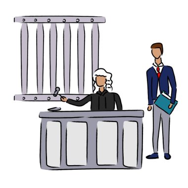Elinde çekiç olan bir yargıç masaya oturur, yanında bir avukat durur, arka planda bir mahkûm kafesi vardır. Kanun tasarımı konsepti vektör çizimi. Çizgi film düz stili.