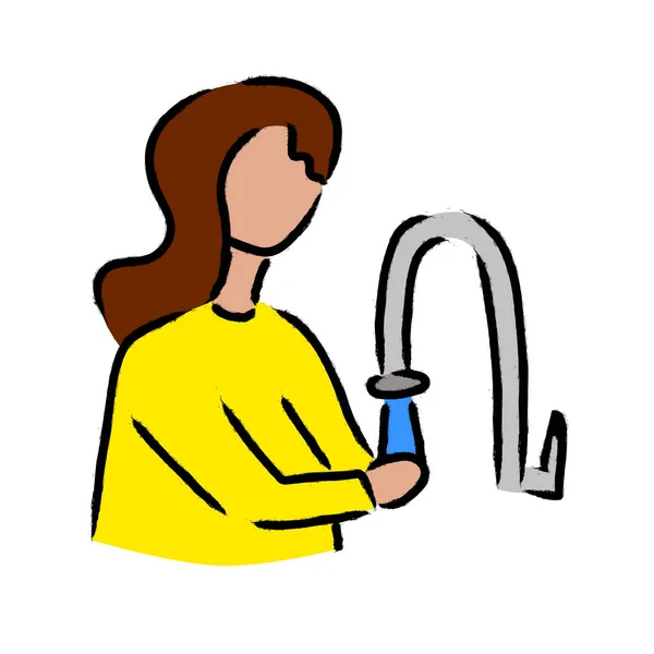 Mulher Lavando Mãos Com Água Torneira Ilustração Vetorial Brilhante —  Vetores de Stock