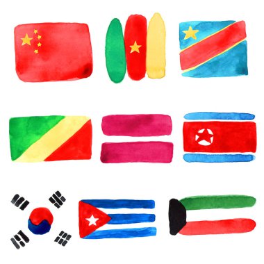 Çin, Kamerun, Kongo, Letonya, Kore, Kore, Küba, Kuveyt ülkelerinin bayraklarının suluboya çizimleri.