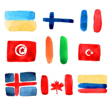 Ukrayna, Tunus, Türkiye, Finlandiya, Fransa, Cote dIvoire, İzlanda, Kanada ve Kolombiya ülkelerinin bayraklarının suluboya çizimleri.