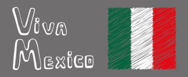 Viva Mexico 'yu karalama tarzında harf yapmak. Keçeli kalemle çizilmiş Meksika vektör bayrağı. Tüm vektör çizimleri gri arkaplanda izole edildi. Meksika bayramı için stok imajı, afiş, kartpostal, poster.