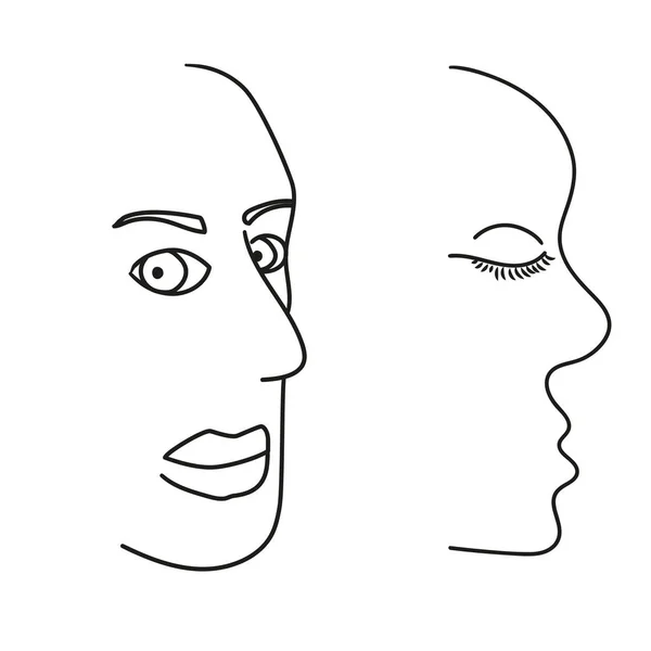 Zwei Gesichter Line Art Stil Das Erste Ist Drei Vierteln — Stockvektor
