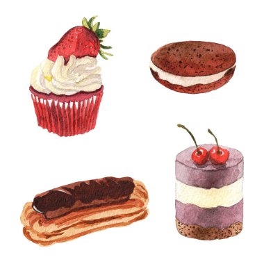 Suluboya kekler. Beyaz arka planda elle çizilmiş bir resim. Bu çizimler düğün tasarımı, doğum günü kutlamaları, mutfak tasarımı ve çocuk temaları için mükemmeldir..