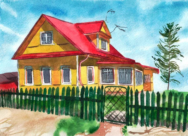 Υδατογραφία Απεικόνιση Ενός Σπιτιού Του Χωριού Μια Ζωγραφισμένη Στο Χέρι — Φωτογραφία Αρχείου