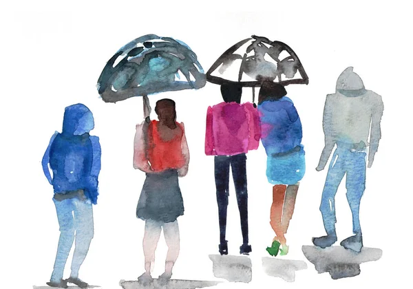 Aquarelschets Van Mensen Onder Paraplu Prachtige Handgetekende Schets Van Een — Stockfoto