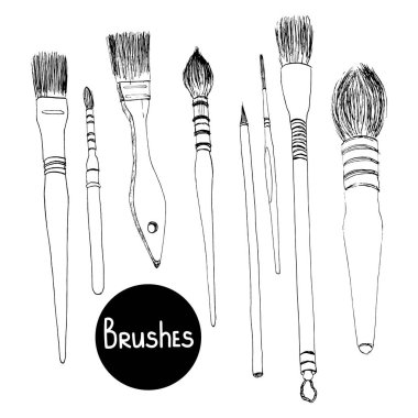 Resim yapmak için fırça koleksiyonu. Beyaz arkaplanda izole edilmiş vektör illüstrasyonu. Contours elle çizilir..