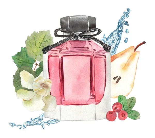 Ilustración Moda Acuarela Perfume Sus Componentes Fragancia Frasco Figura Con — Foto de Stock