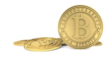 Altın Bitcoin para. 3D render. Yollar dahil