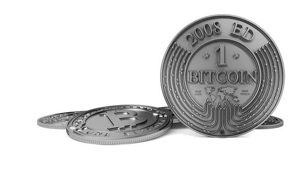 Silver Bitcoin coin. 3D rendering. Paths included — Stock Photo, Image