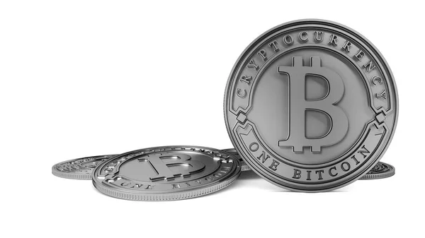 Zilveren munt van Bitcoin. 3D-rendering. Paden die zijn opgenomen Stockafbeelding