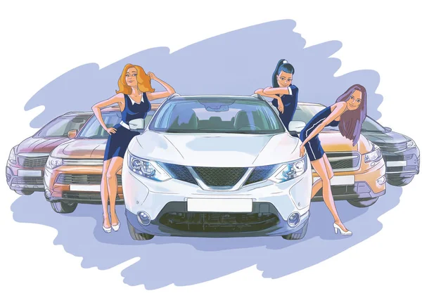Three Women White Car — Stock Photo, Image