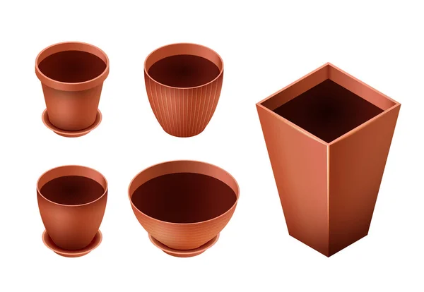 Conjunto de macetas vacías de cerámica marrón para el cultivo de plantas. Maceta de barro en isometría, aislada sobre fondo blanco. Ilustración vectorial — Vector de stock