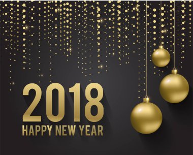 Tebrik kartı, mutlu yeni yıl 2018 ve Noel ile davet. Metalik altın Noel topları, Dekorasyon, parıldayan, siyah bir zemin üzerine parlak konfeti. Vektör çizim