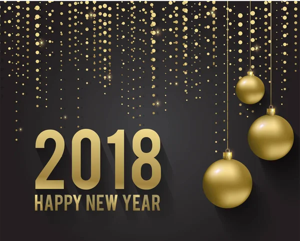 Tebrik kartı, mutlu yeni yıl 2018 ve Noel ile davet. Metalik altın Noel topları, Dekorasyon, parıldayan, siyah bir zemin üzerine parlak konfeti. Vektör çizim