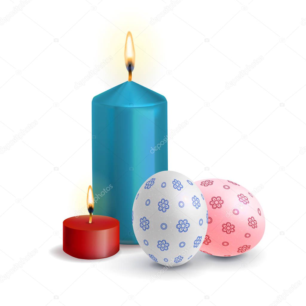 Realistic, Easter eggs with the burning candle. Greeting card of