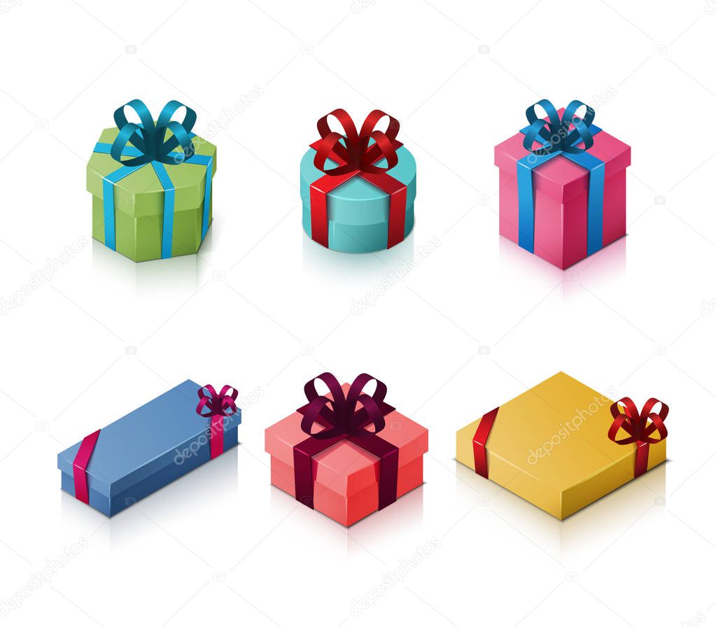 Set of gift boxes with bows and ribbons. Isometric illustration