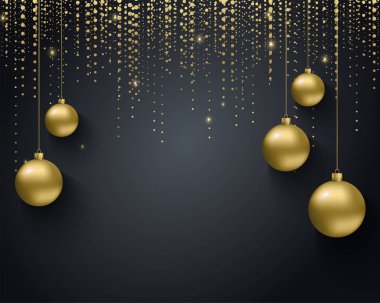 Tebrik kartı, mutlu yeni yıl 2018 ve Noel ile davet. Metalik altın Noel topları, Dekorasyon, parıldayan, siyah bir zemin üzerine parlak konfeti.