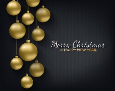 Tebrik kartı, mutlu yeni yıl 2018 ve Noel ile davet. Metalik altın Noel topları, Dekorasyon, parıldayan, siyah bir zemin üzerine parlak konfeti. Vektör çizim