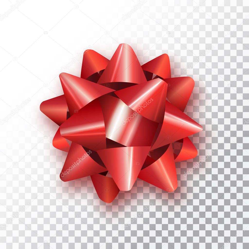 Red bow for packing gifts. Realistic vector illustration on tran