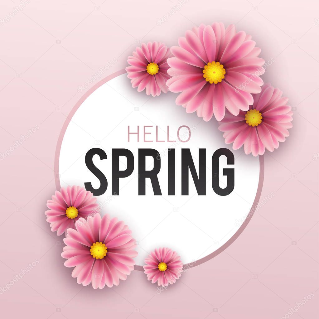 Hello Spring, floral greeting card, flowers. Banner with realistic flowers. Vector illustration