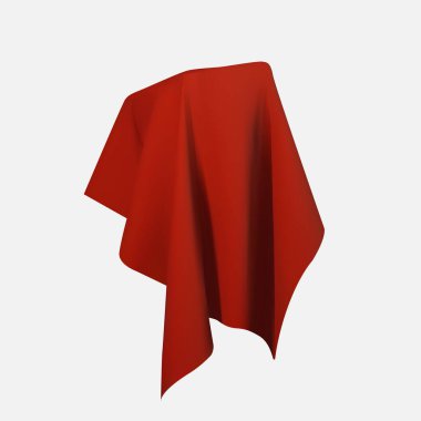 Gerçekçi kumaş 3D kumaş. Beyaz arka planda izole edilmiş kırmızı ipek kumaşla kaplı bir kutu. Bir kutu numara ve sihir. Sergi objeleri için masa. Vektör
