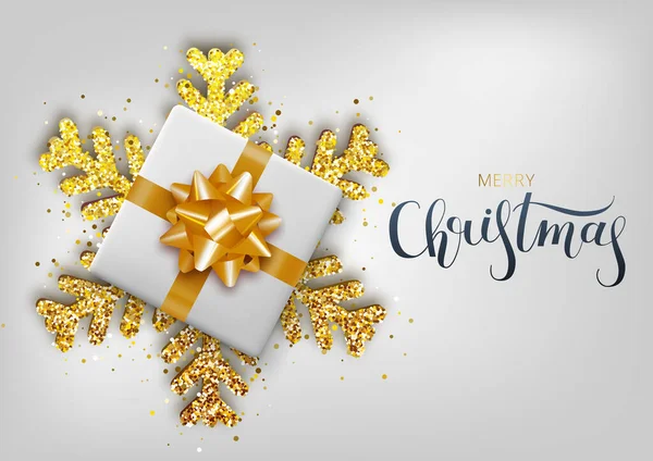 贺卡,欢迎与快乐的新年2020. 手写的字母。 金属般的金色圣诞雪花和白色背景的礼品盒。 B.病媒 — 图库矢量图片