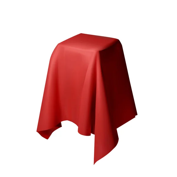 Восстановительная драпировка 3d. Коробка покрыта красной шелковой тканью, изолированной на белом фоне. Коробка фокусов и магии. Стол для выставочных объектов. Вектор — стоковый вектор