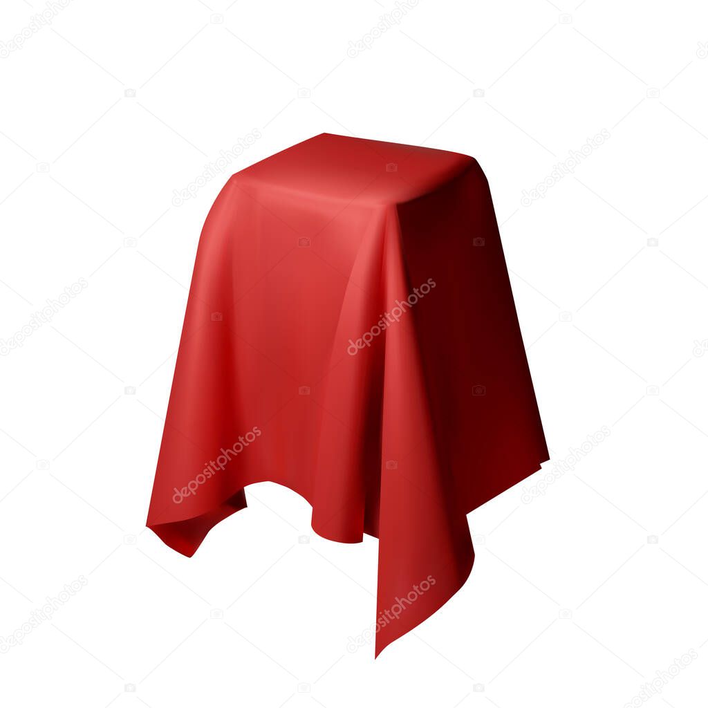 Realistic drapery fabric 3d. Box covered with red silk cloth isolated on white background. Box of tricks and magic. Table for exhibition objects. Vector
