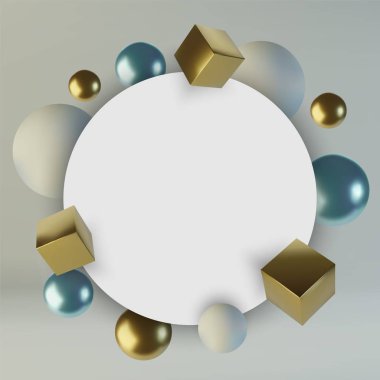 Gerçekçi küreler ve küpler. İlkel geometrik figürlerin soyut arka planı. 3D altın ve mavi top ve kutu tasarımı. Vektör illüstrasyonu