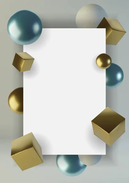 Realistische Kugeln und Würfel. abstrakter Hintergrund primitiver geometrischer Figuren. Design-Element der 3D-goldenen und blauen Kugel und Schachtel. Vektorillustration — Stockvektor