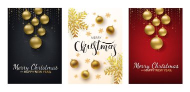 Noel tebrik kartı, gri arkaplan. Altın ve gümüş Noel balosu. Metalik altın ve gümüş Noel kar tanesi. El çizimi harfler. Vektör illüstrasyonu