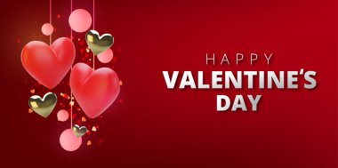 Sevgililer Günün kutlu olsun. Kırmızı arka planda gerçekçi 3D kalpler. Aşk ve düğün. Vektör