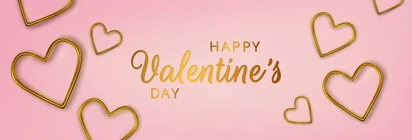 Feliz tarjeta de felicitación del día de San Valentín. Realista 3d corazones metálicos de oro sobre fondo rosa. Amor y boda. Vector — Vector de stock