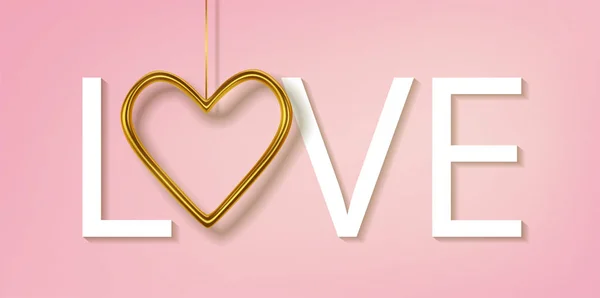 Gelukkige Valentijnsdag wenskaart. Realistische 3d goud metallic harten op roze achtergrond. Liefde en bruiloft. Vector — Stockvector