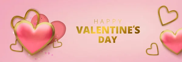 Happy Valentines Day greeting card. Realistic 3d hearts on pink background. Love and wedding. Vector — Stock vektor