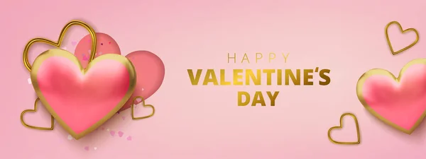 Glückliche Valentinstag-Grußkarte. realistische 3D-Herzen auf rosa Hintergrund. Liebe und Hochzeit. Vektor — Stockvektor